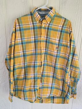 Cinch Yellow Plaid Men's Button-Down Shirt with Blue Accents, Medium